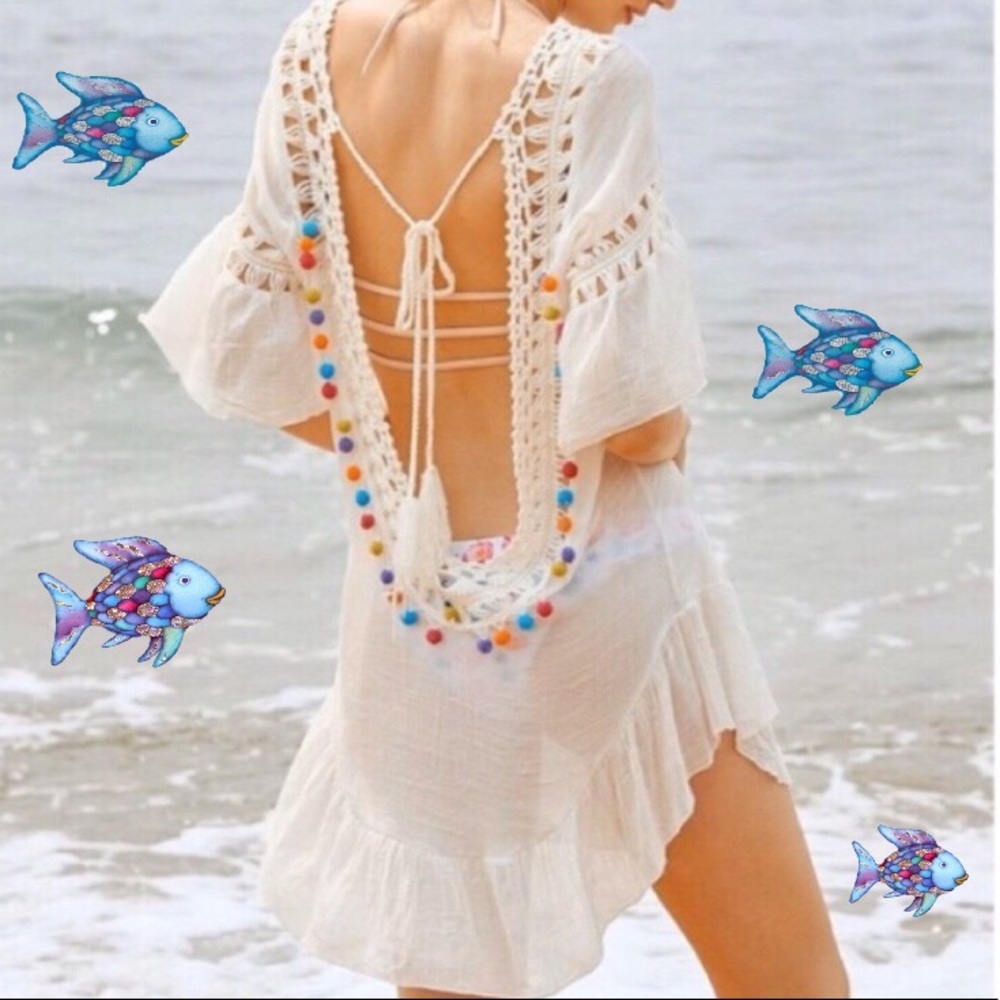 🆕Rainbow Pom Pom Beach SummerCover Up Dress S: M - Picture 2 of 8